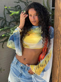 Crop-Top mit buntem Print, Puffärmeln und transparenten Details – Farbe Gelb