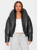 Kurze wasserabweisende PU-Steppjacke mit Stehkragen – Farbe Schwarz