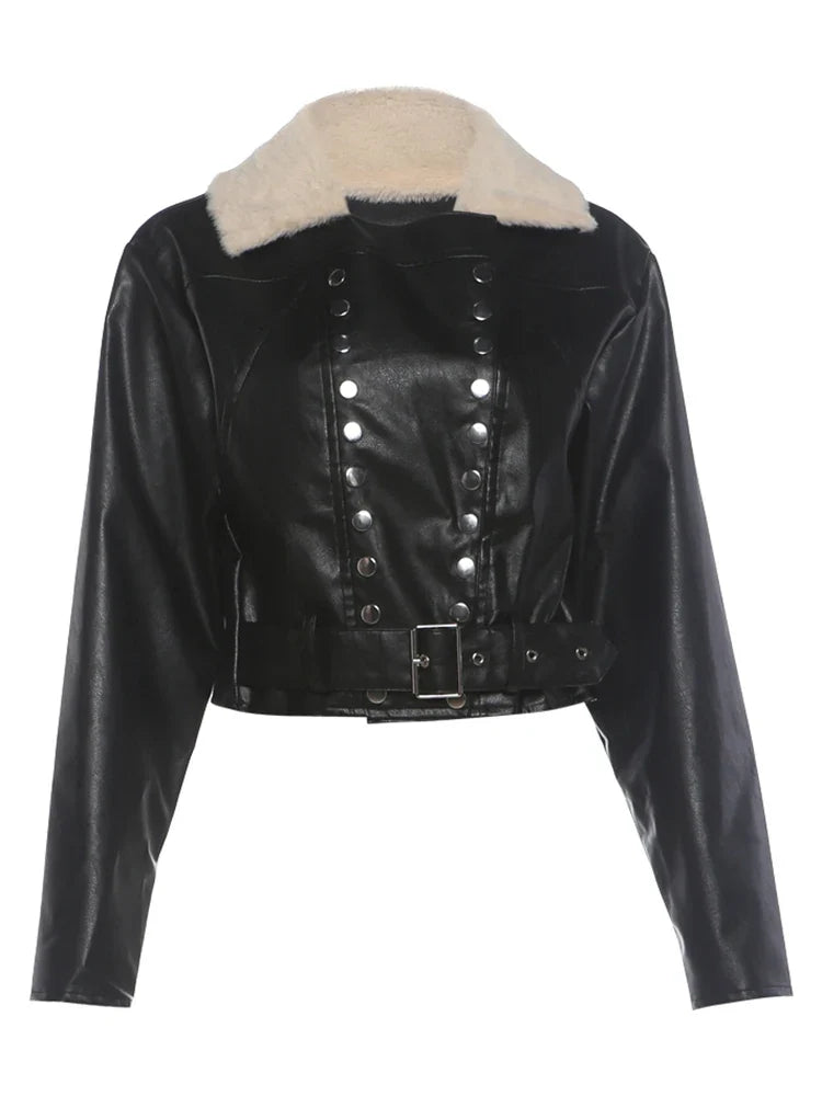 Kunstlederjacke mit Fellbesatz, Revers und Gürtel
